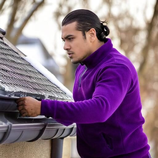 man in a purple shirt inspecting gutters